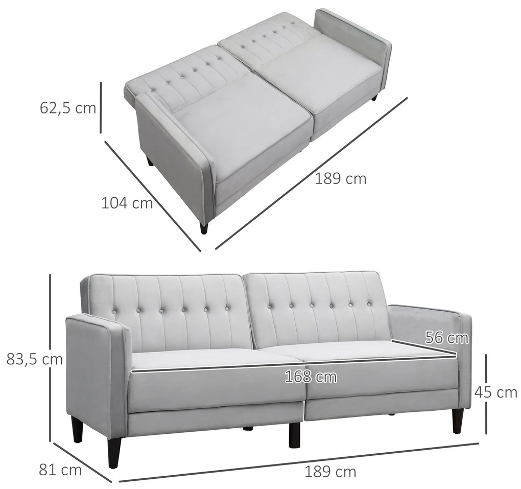 HOMCOM Sofá de 2 Lugares Convertível em Cama Estofado Aveludado com Encosto Ajustável e Pés de Madeira para Sala de Estar Escritório 189x81x83,5cm Cinza