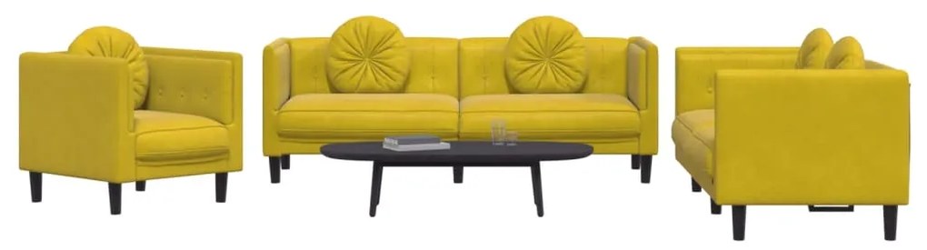 3 pcs conjunto de sofás com almofadas veludo amarelo