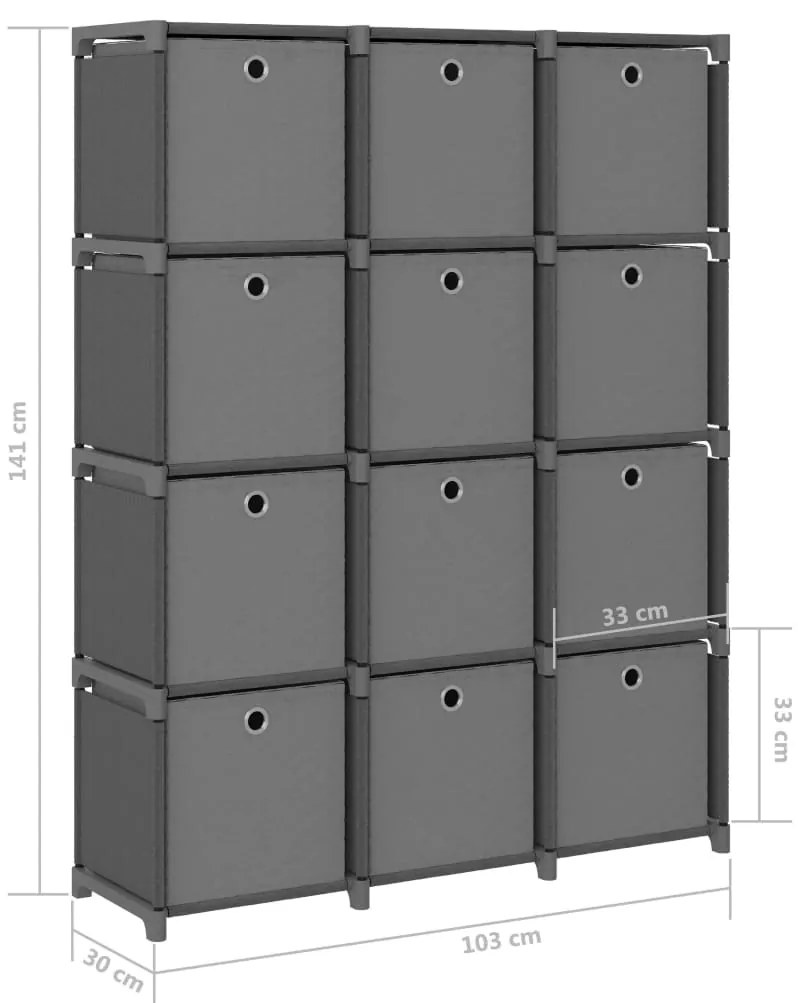 Unid. prateleiras 12 cubos c/ caixas 103x30x141 cm tecido cinza
