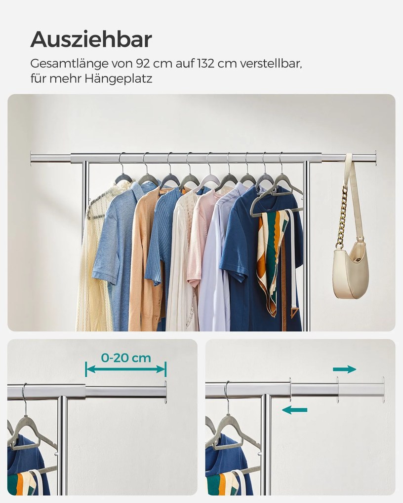 Guarda roupa aberto de estilo industrial extensivel com Rodas (92-132) x 45,4 x 160 cm Prata
