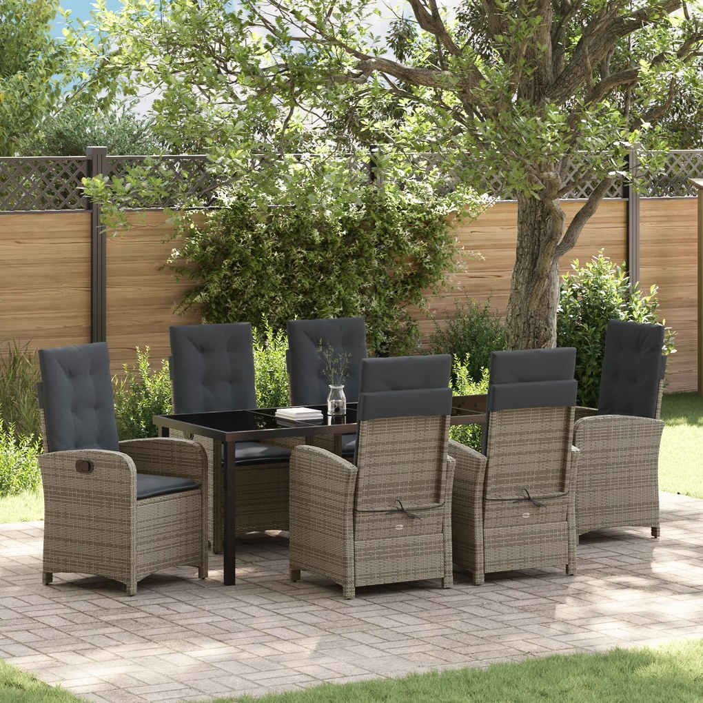 vidaXL Conjunto de Jantar de Jardim de 7 Peças com Almofadas Cinza Rattan Poliéster