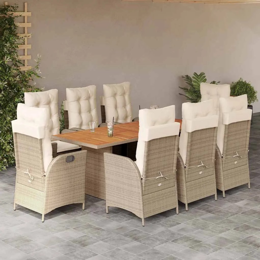 vidaXL 9 pcs conjunto de jantar p/ jardim com almofadões vime PE bege