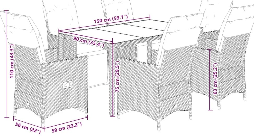7 pcs conjunto bistrô de jardim c/ almofadões vime PE cinza