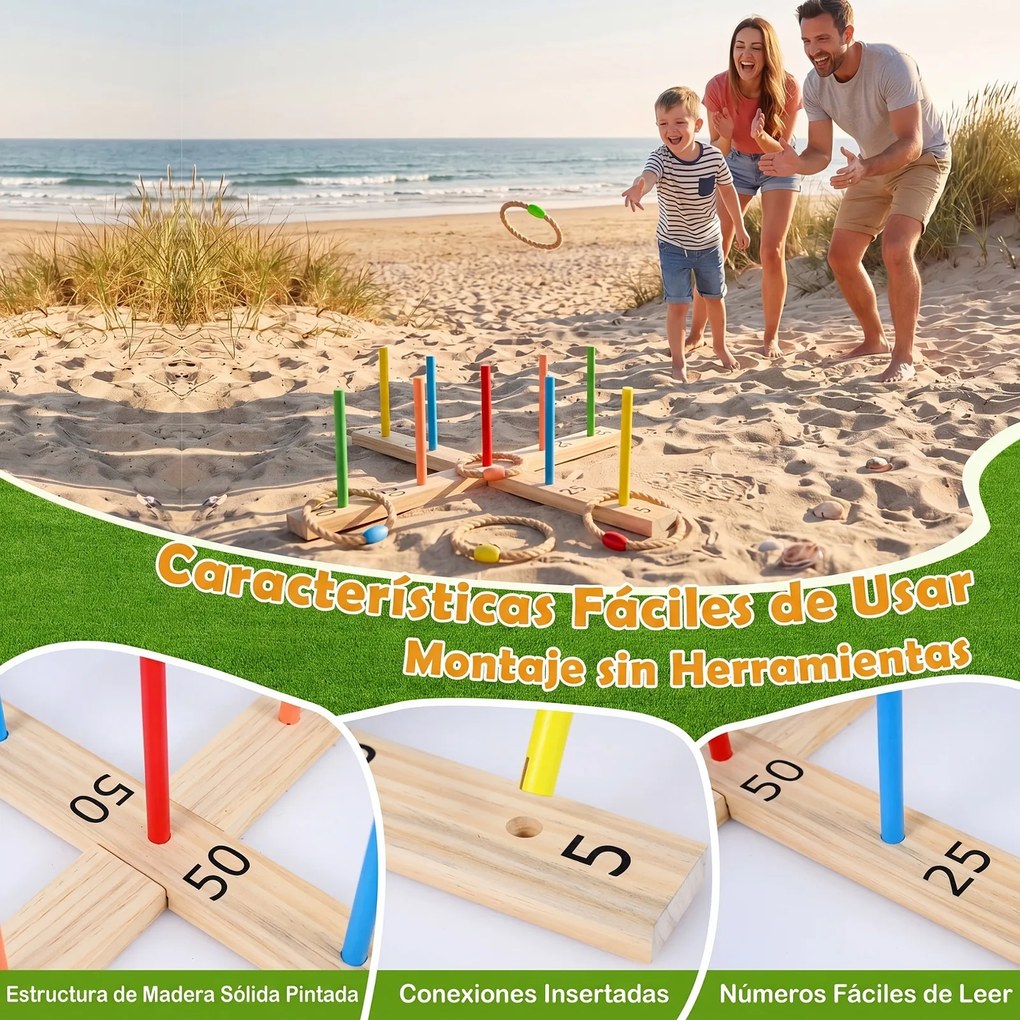 Conjunto de Lançamento de Argolas Infantil, 50 x 50 x 14 cm, Montagem sem Ferramentas, Natural