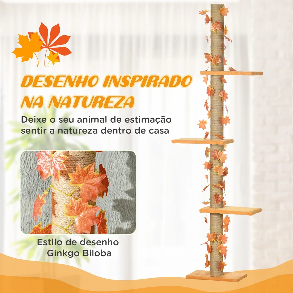 Arranhador para Gatos do Chão ao Teto 37x21x202-242 cm Torre Arranhador para Gatos com Altura Ajustável 3 Plataformas Laranja