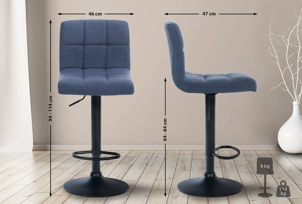 Conjunto de 2 bancos altos em tecido com estrutura preta 94-114 x 46 x 47 cm azul