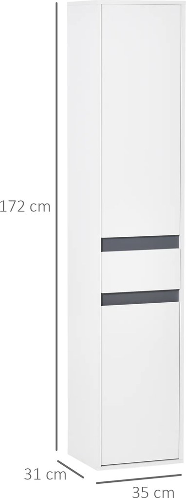 Móvel de coluna para arrumação na casa de banho, estilo contemporâneo, com 2 armários, 3 prateleiras e uma gaveta deslizante, em painéis de aglomerado
