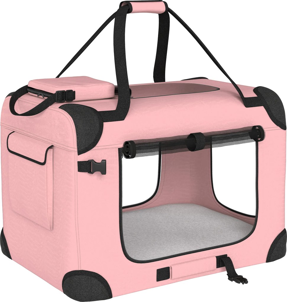 PawHut Transportadora Dobrável para Cães 60x41,5x41 cm com Janelas de Rede, Almofada Macia e 2 Alças para Mini Cães e Gatos Rosa | Aosom Portugal