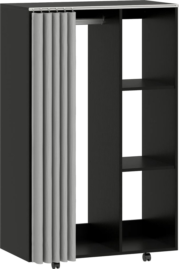 HOMCOM Armário Roupeiro Móvel 4 Rodízios com Varão para Roupas e Prateleiras Abertas 80x40x128 cm Preto | Aosom Portugal