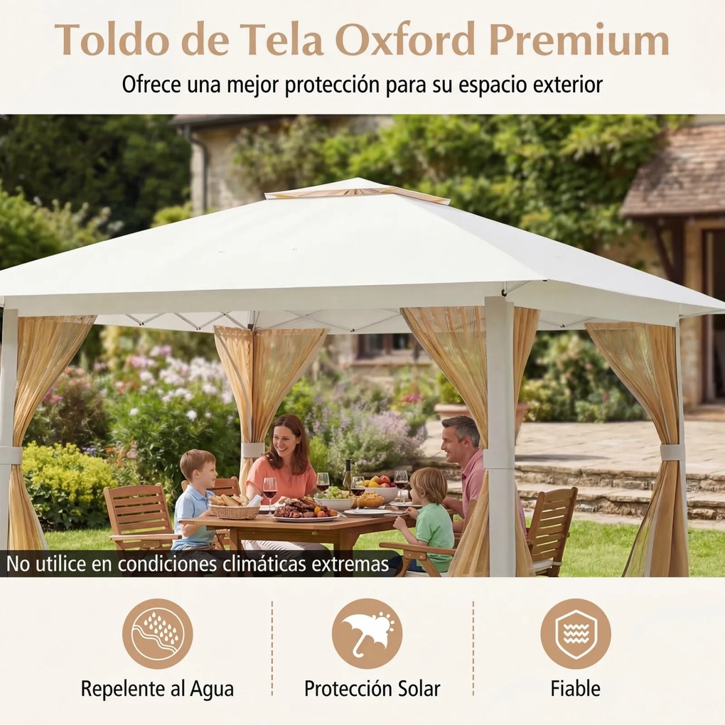 Tenda de Jardim Dobrável, 394 x 394 cm, Cobertura Dupla e Rede, Bege