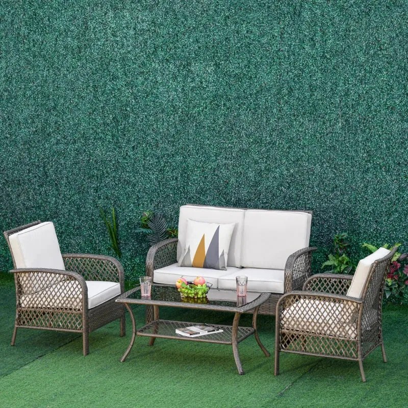 Conjunto Lounge em Vime de 2 Poltronas, 1 Sofá Duplo e 1 Mesa de Centr