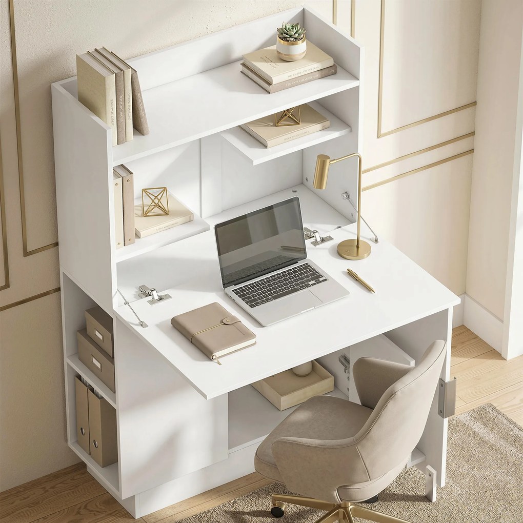 Secretária dobrável para computador 80 x 30 x 128 cm, com tampo rebatível, prateleiras e armário, branca