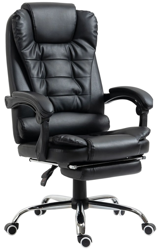 HOMCOM Cadeira de Escritório Reclinável Cadeira Executiva Giratória com Altura Ajustável Estofada em PU 64,5x69x109-117 cm Preto