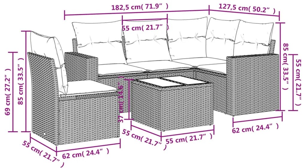 6 pcs conjunto de sofás jardim c/ almofadões vime PE castanho