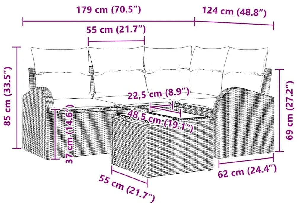 Conjunto de Sofás de 5 Peças com Almofadas Cinza Rattan Poliéster