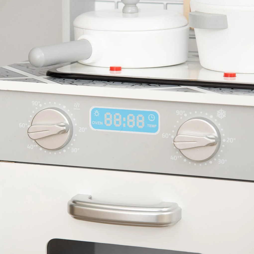 HOMCOM Cozinha Infantil de Madeira para Crianças acima de 3 Anos Cozinha de Madeira Infantil com Luz Sons Acessórios Utensílios Exaustor Lavatório e Microondas 60x29x84cm Cinza