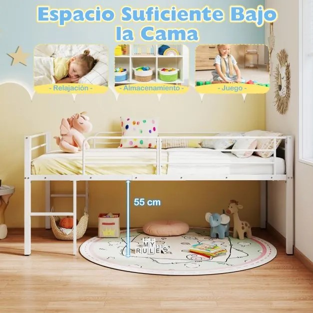 Cama Criança 198,5 x 96 x 88 cm tipo alta (COLCHÃO NÃO INCLUIDO) com baixa estrutura metálica com grades de segurança e 2 escadas com degraus metálico