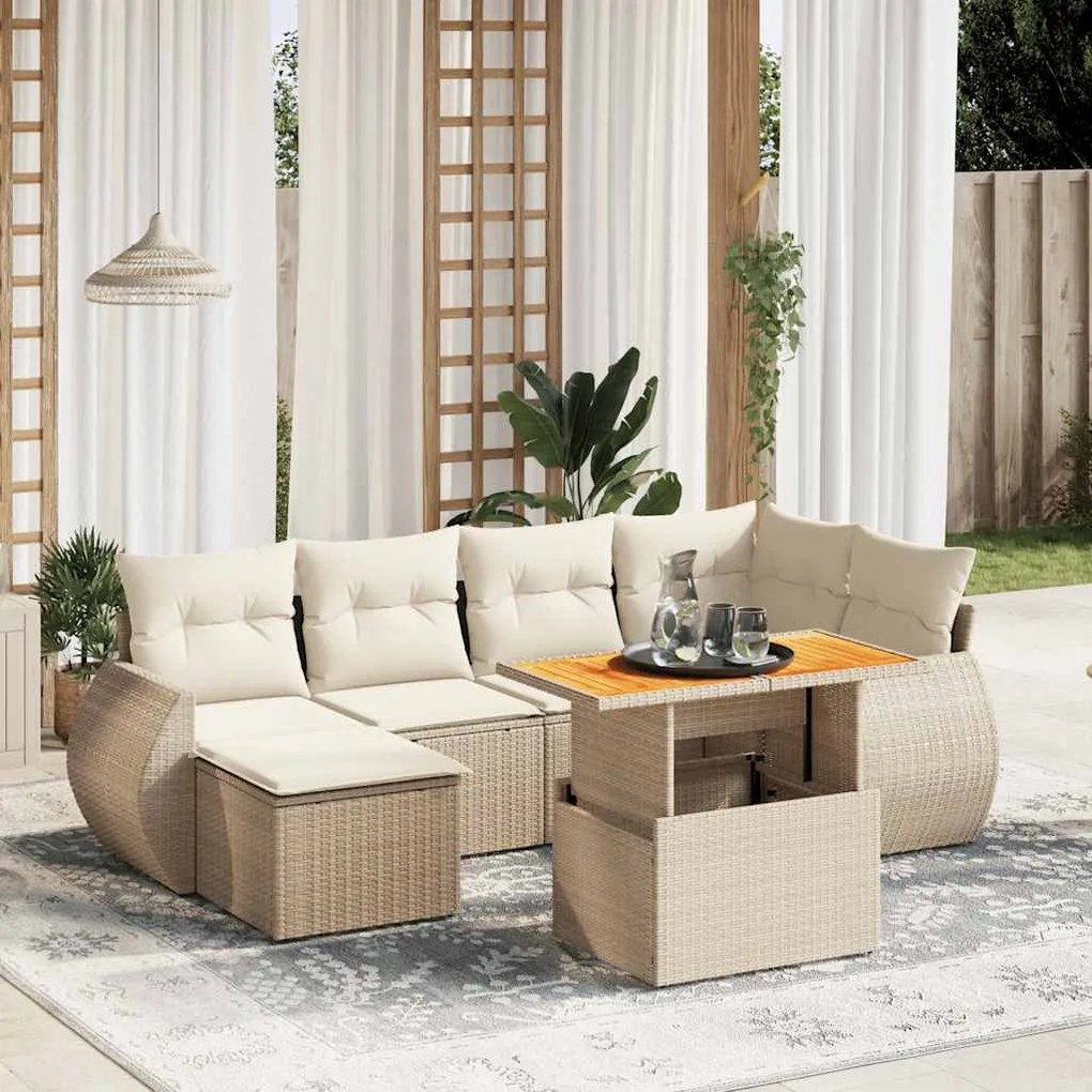 vidaXL 7 pcs conjunto de sofás p/ jardim com almofadões vime PE bege