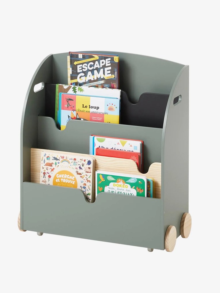 Estante para livros com rodas Montessori, linha School verde escuro liso