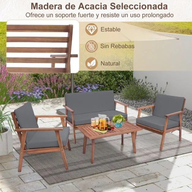 Conjunto de móveis de jardim de 4 peças em madeira de acácia com 1 mesa de centro, 2 cadeiras e 1 sofá para pátio, terraço ou varanda, cinza