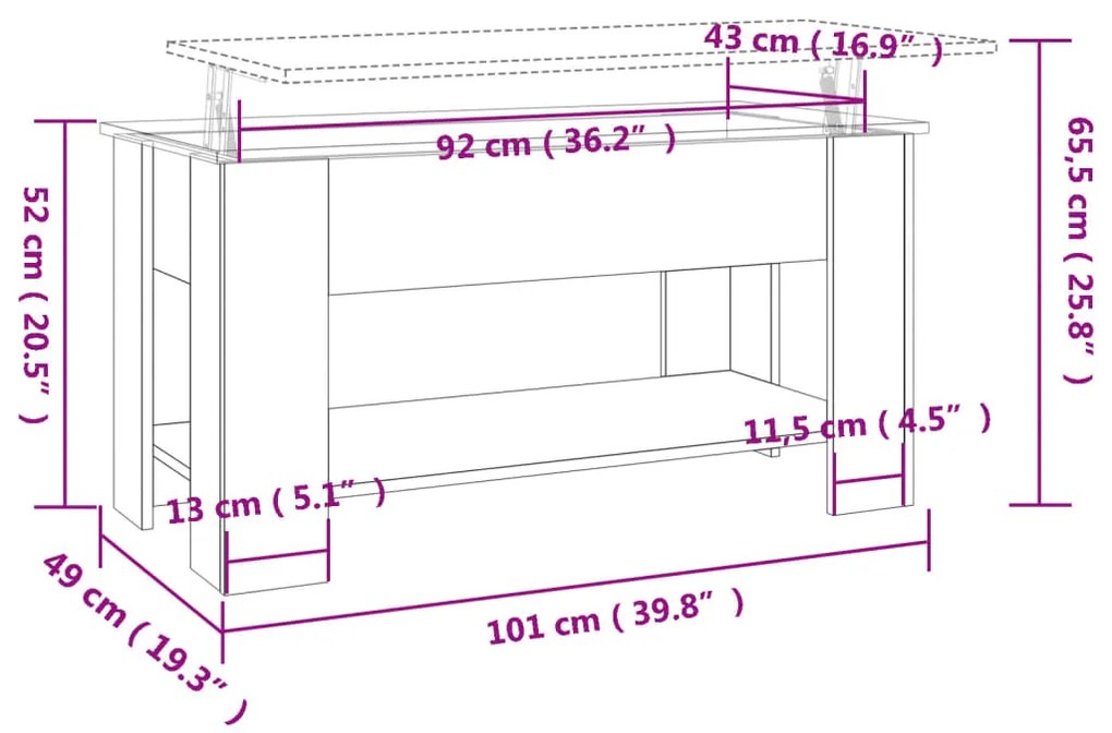 Mesa de centro 101x49x52 cm madeira processada cinza cimento