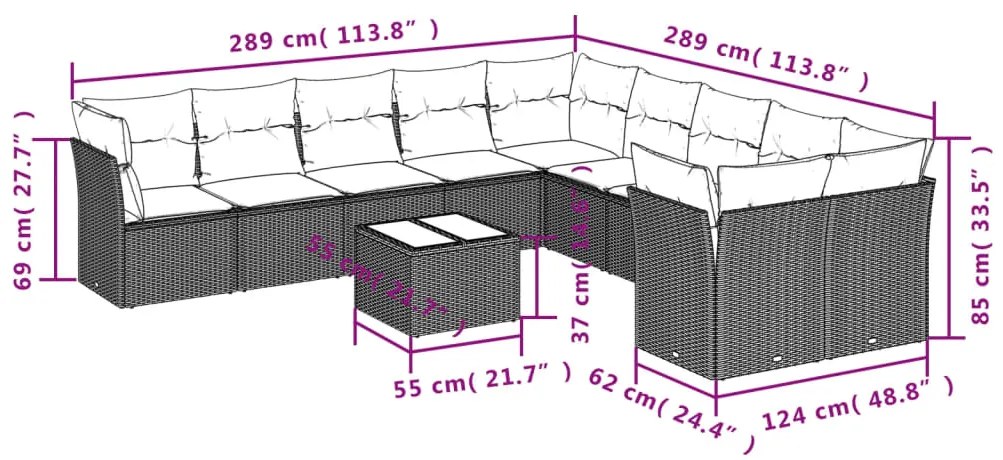 11 pcs conjunto sofás de jardim c/ almofadões vime PE bege