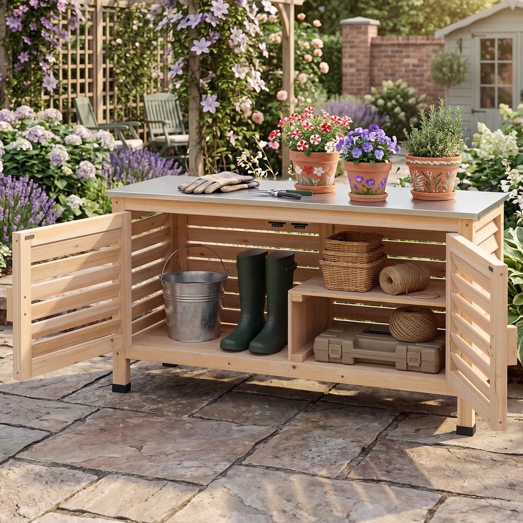 Armário de Jardim para Exterior, 109 x 40,5 x 61,5 cm, Tampo em Aço Inoxidável, Natural