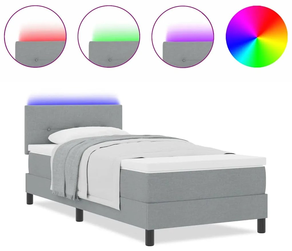 Cama Box com Colchão &amp; Luz LED Cinza Claro 100x200 cm Tecido