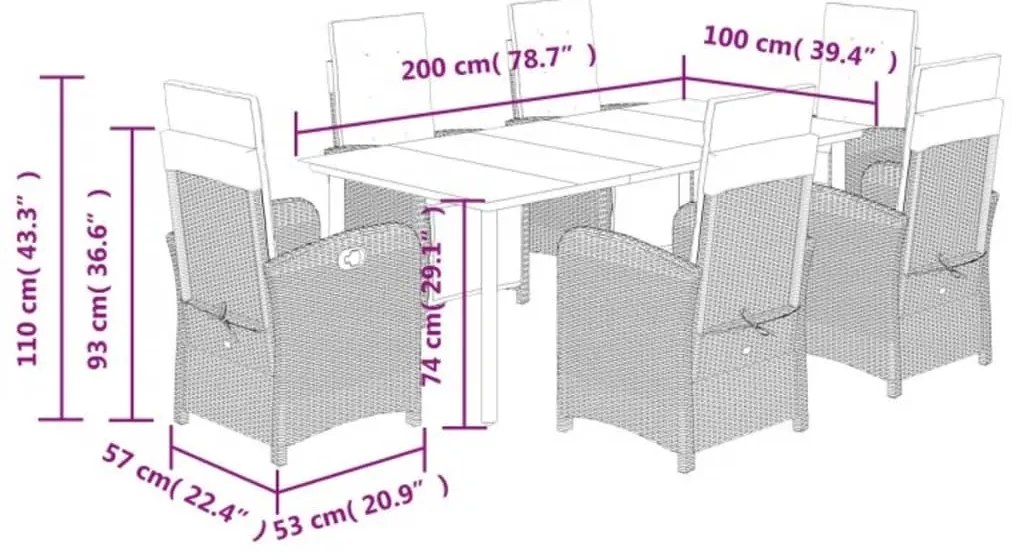 7 pcs conjunto de jantar p/ jardim com almofadões vime PE bege