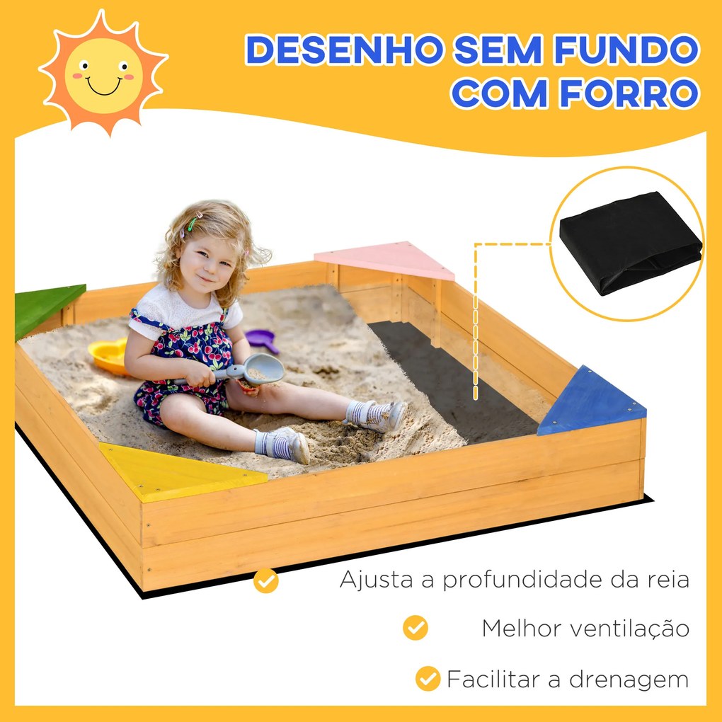 Outsunny Caixa de Areia de Madeira Caixa de Areia para Crianças de 3-8 Anos com Tecido não Tecido e 4 Assentos para jardim Pátio Varanda 109x109x19,8 cm Madeira