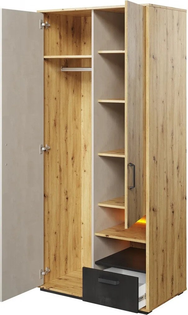 Roupeiro Orlveno 121, Cinzento, Carvalho Artisan, Preto, 195x90x52cm, Portas para roupeiro: Com dobradiças, Número de prateleiras: 6, Número de prateleiras: 6