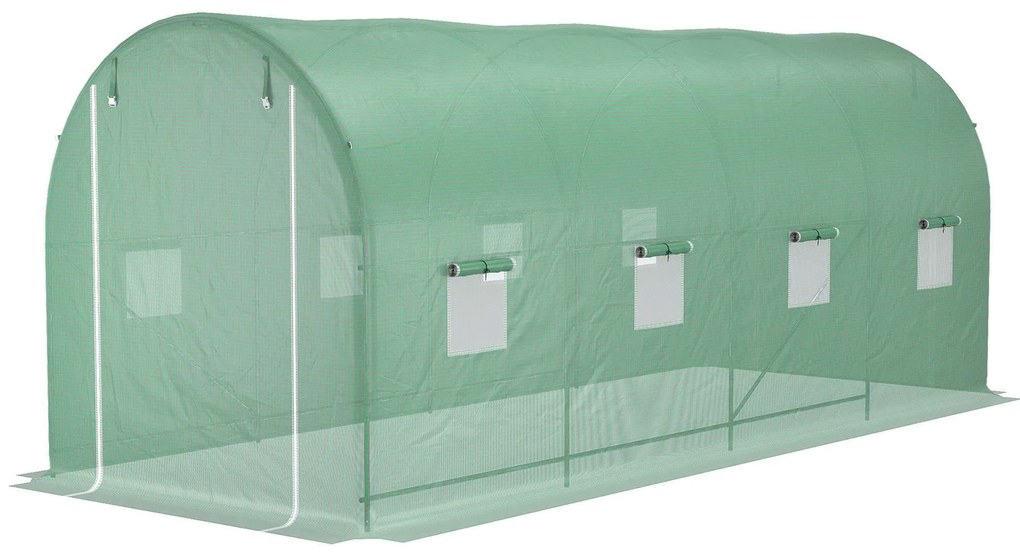 Outsunny Estufa tipo Túnel 500x200x205 cm Estufa de Jardim com Porta Enrolável e 8 Janelas Cobertura de PE 140 g/m² Verde