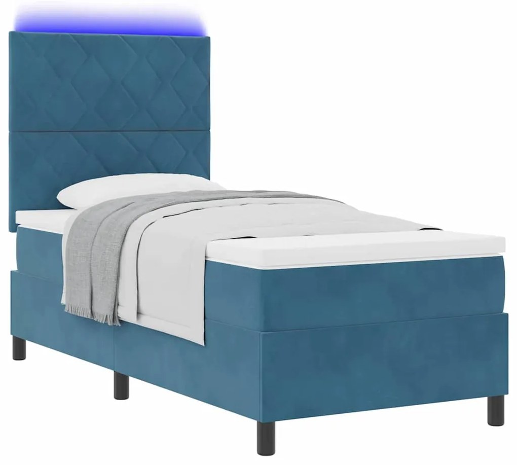 Cama Box Spring com Colchão e LED Azul Escuro 90x190 cm Veludo