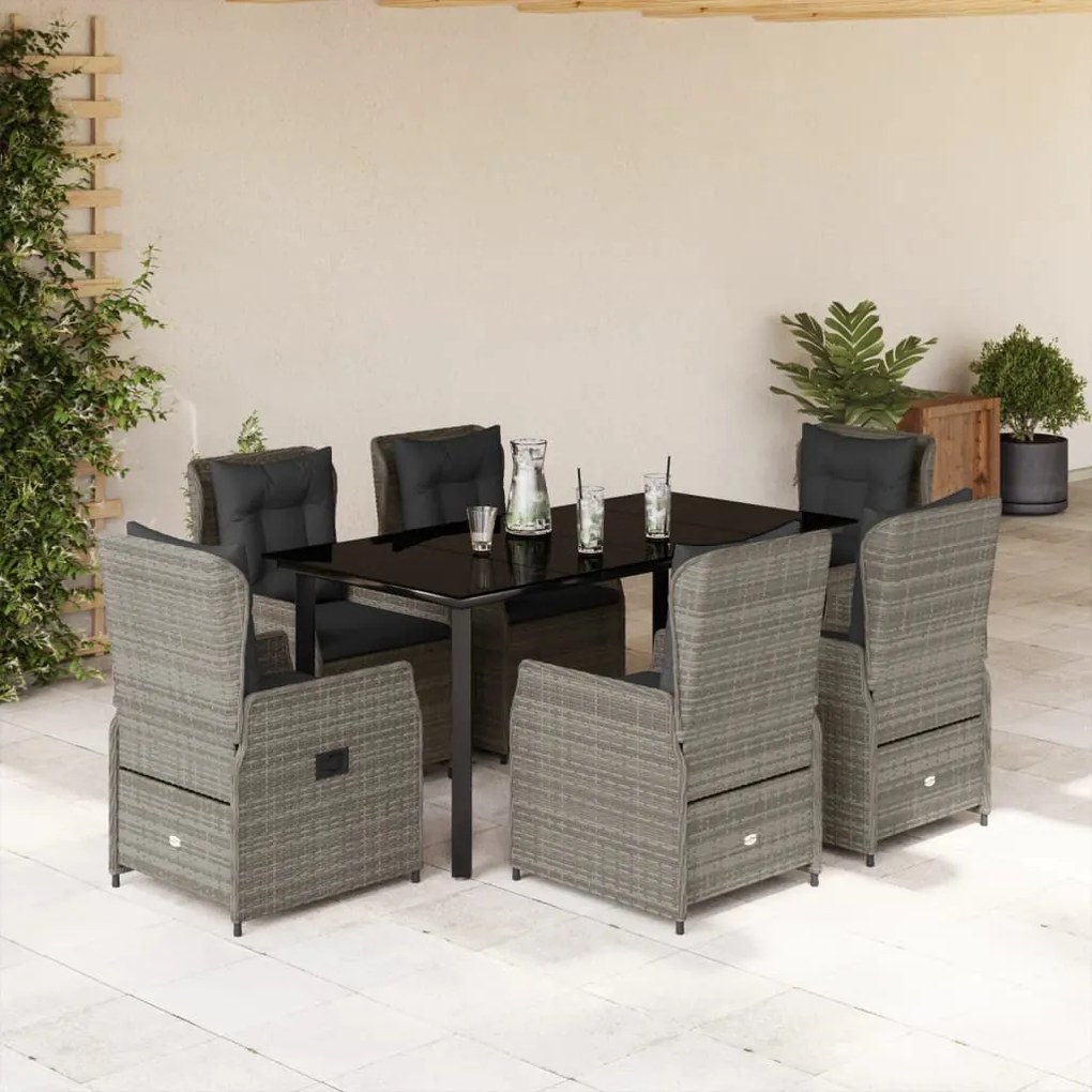 vidaXL 7 pcs conjunto de jantar p/ jardim c/ almofadões vime PE cinza