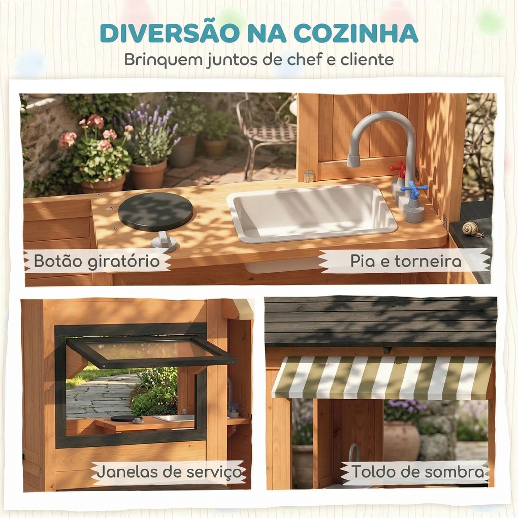 Casa Infantil em Madeira Casinha de Brincar com Cozinha de Brinquedo e Banco de Piquenique Casa de Jardim para Crianças de 3-8 Anos Castanho