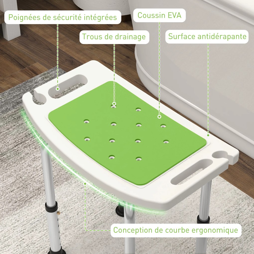 Assento de duche ajustável em altura; banco de duche ergonómico; pés antiderrapantes; carga máxima de 135 kg; alumínio e HDPE; verde