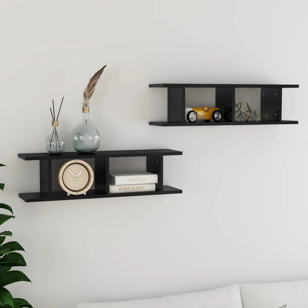 vidaXL Estantes de parede 2 pcs 78x18x20 cm madeira preto brilhante
