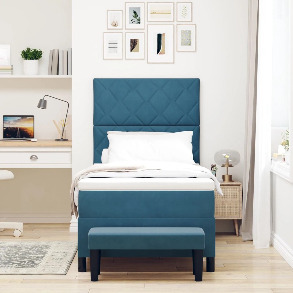 Cama Box Spring com Colchão & Banco Azul Escuro 90x200 cm Veludo