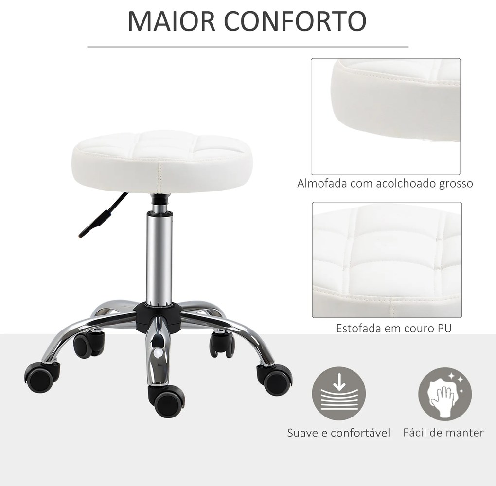 HOMCOM Banco Giratório com Rodas Altura Ajustável entre 48-63cm Banco de Trabalho Estofado em Couro PU para Salão Dentista Diâmetro Ø35,5cm Branco