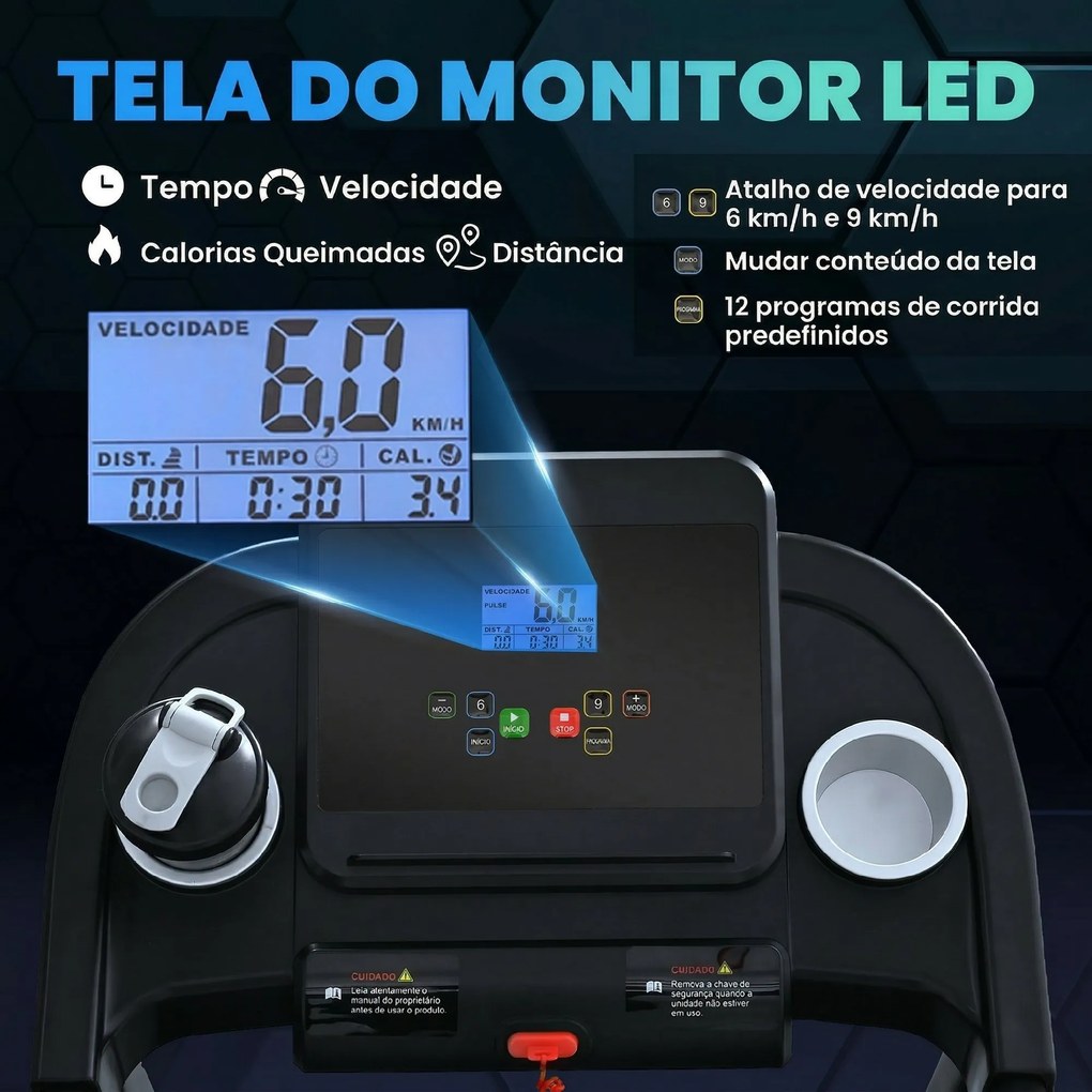 Passadeira para Casa 1-12 KM/H 1,5HP com 12 Programas Rodas Ecrã LED e Suporte para Telemóvel para Casa ou Escritório
