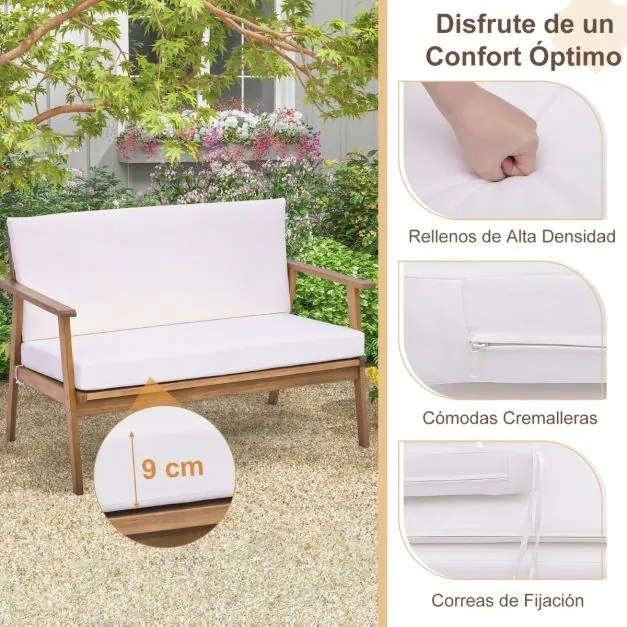 Conjunto de 4 peças: 2 cadeiras simples, 1 sofá de dois lugares e 1 mesa de centro com braços e assento acolchoado branco