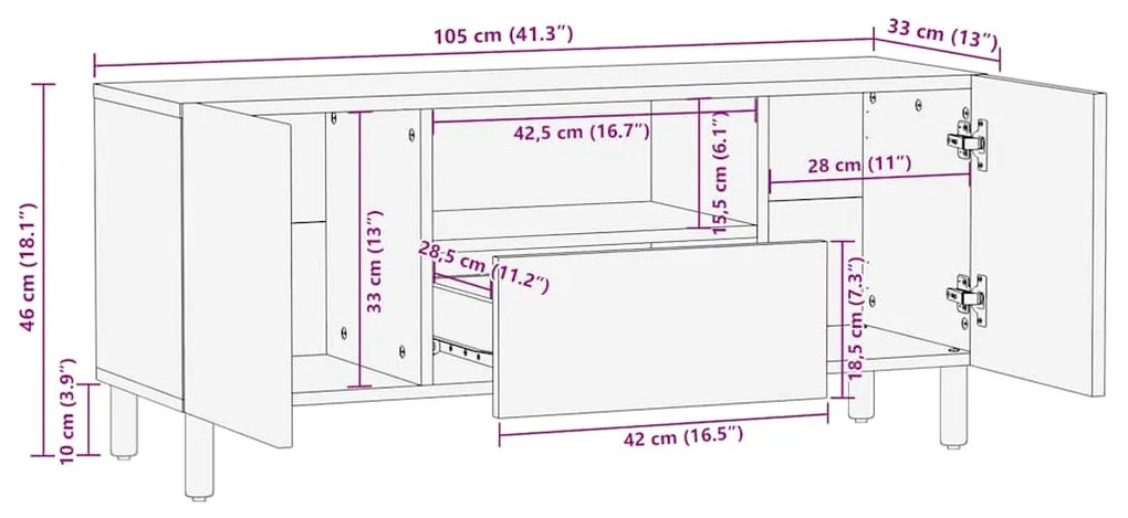 Móvel de TV castanho 105x33x46 cm madeira de mangueira maciça