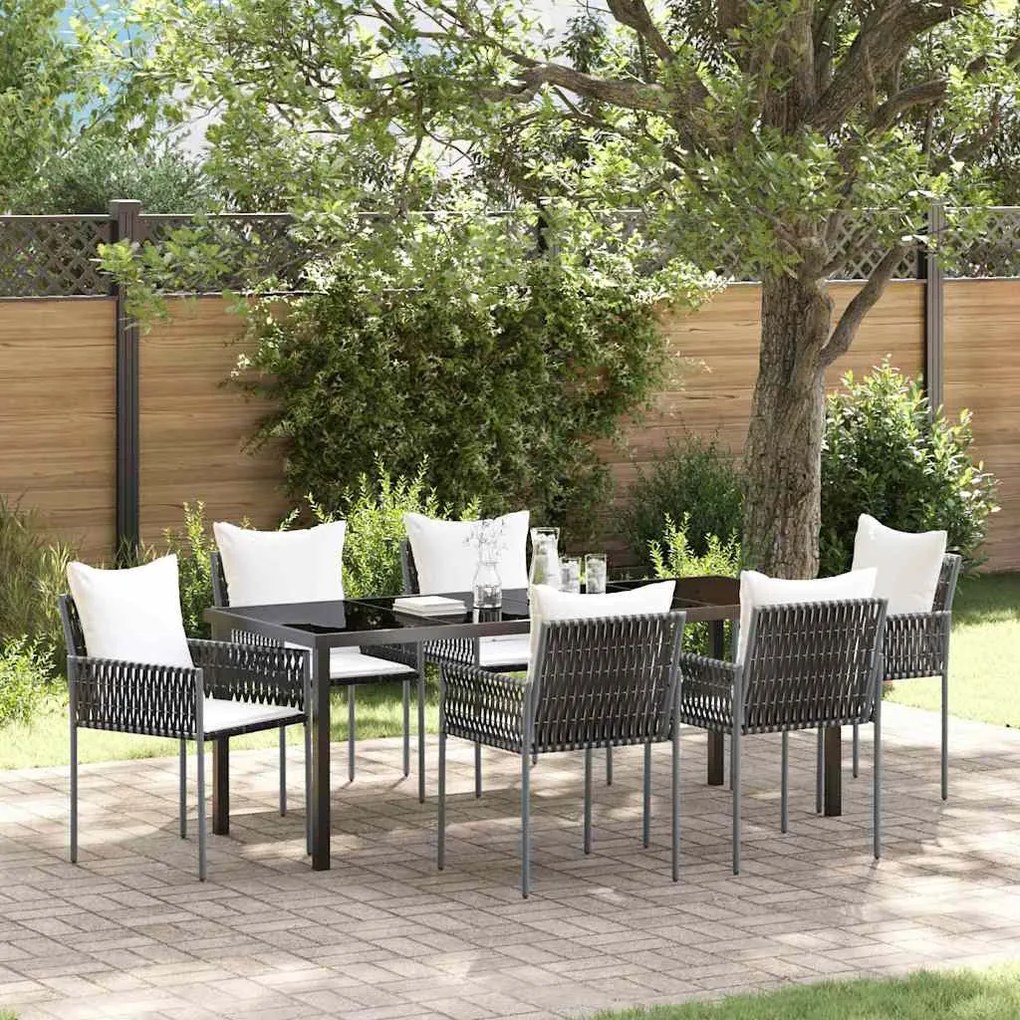 vidaXL Conjunto de Jantar de Jardim com 7 Peças e Almofadas Castanho em Rattan e Poliéster.