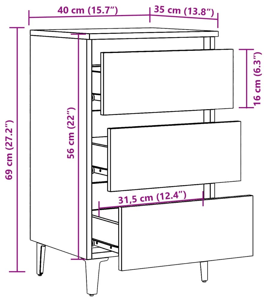 Mesa de cabeceira c/ pernas metal 40x35x69cm carvalho artisiano