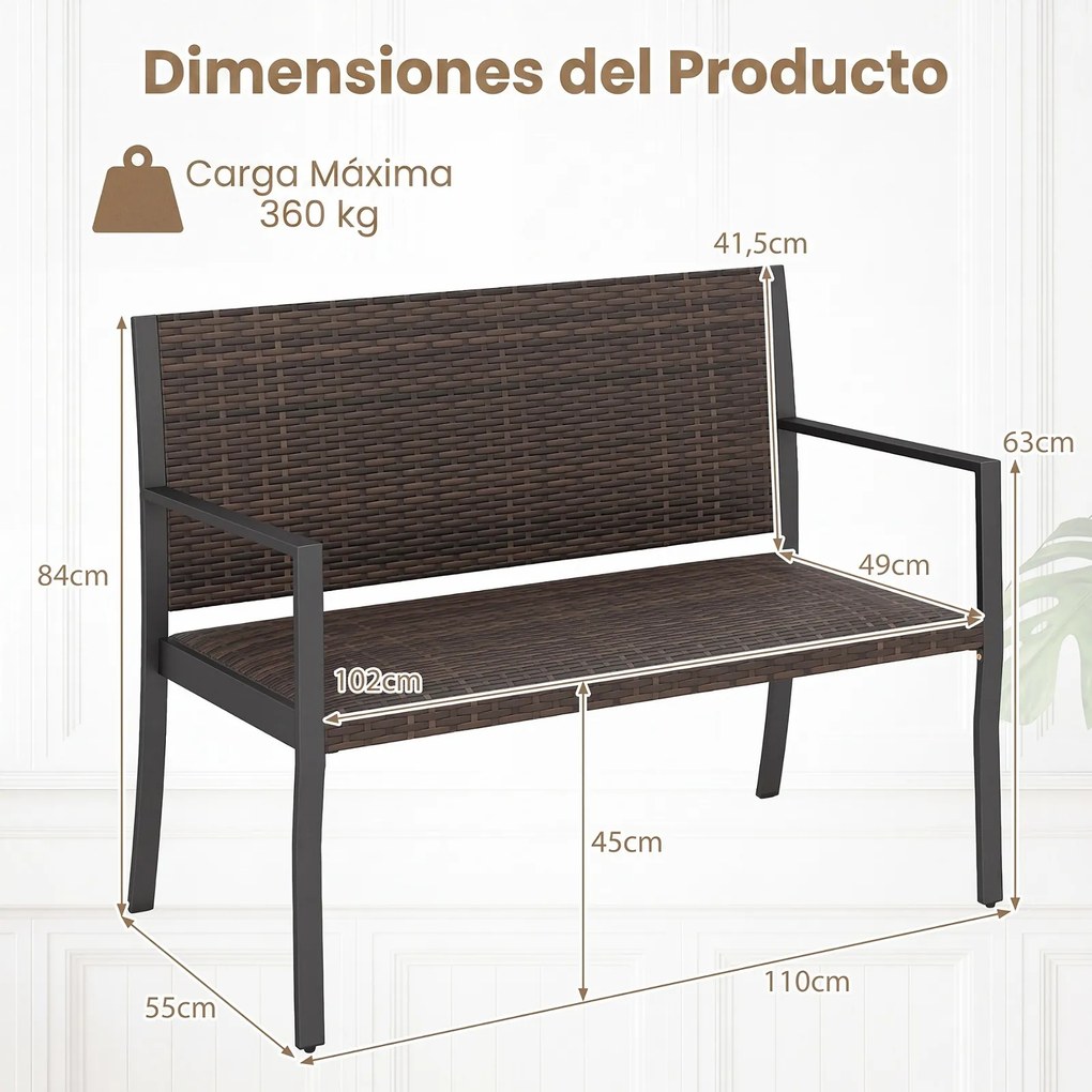 Banco de Jardim de 2 Lugares, 109 x 55 x 84 cm, Assento Acolchoado, Castanho