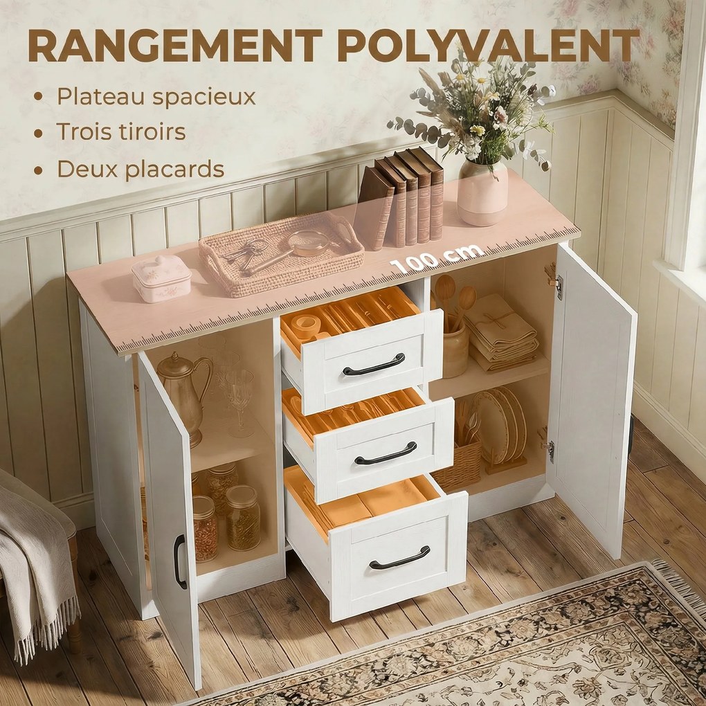 Aparador de sala 110 x 35 x 80,4 cm, móvel de arrumação com 2 portas com fecho suave e 3 gavetas, , branco e madeira natural