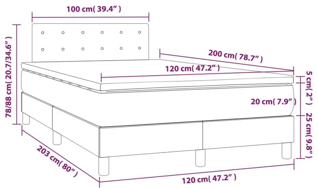 Cama box spring c/ colchão/LED 120x200 cm veludo cinzento-claro
