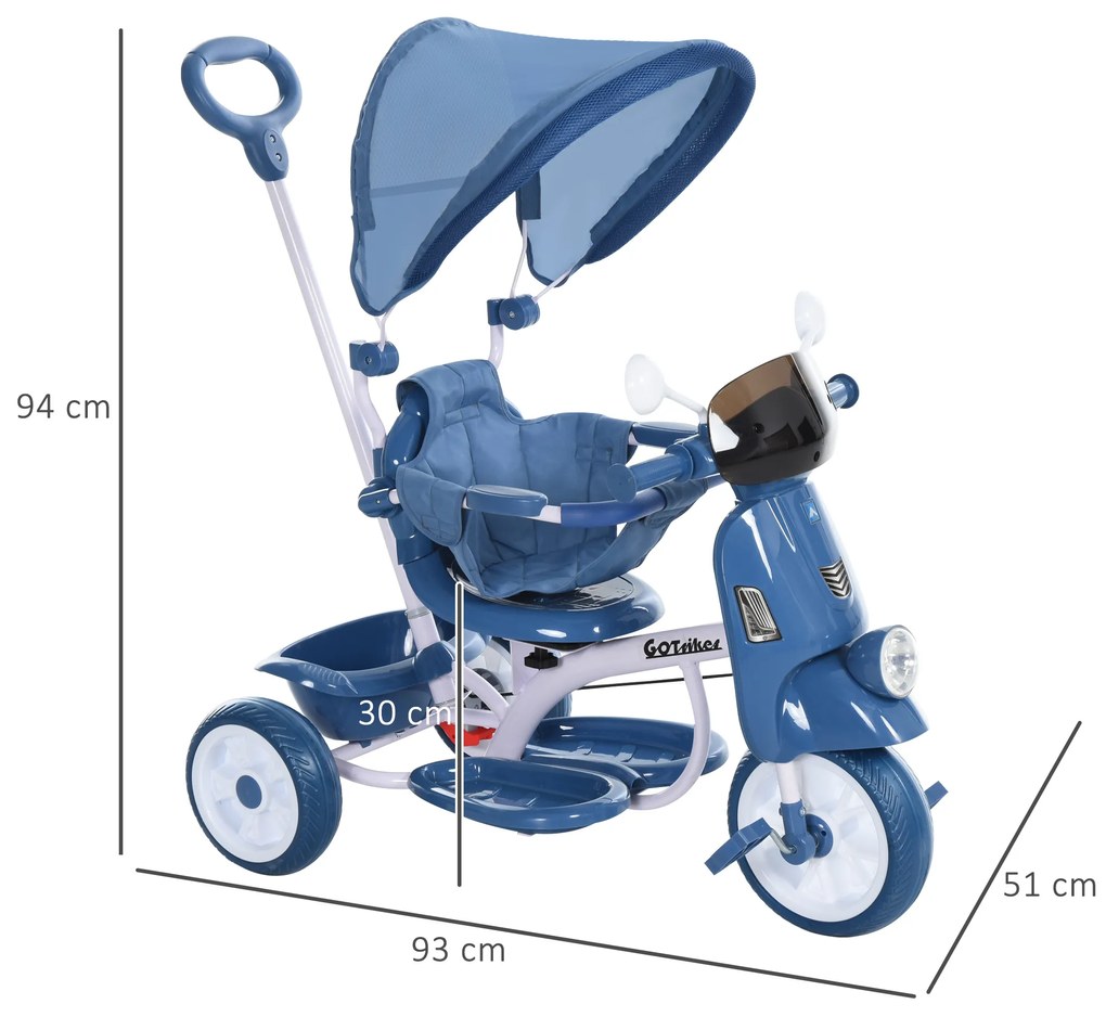 HOMCOM Triciclo evolutivo infantil Carrinho de criança Com função de luz e música Barra de segurança e toldo retrátil Assento giratório 360 ° 93x51x94 cm Azul