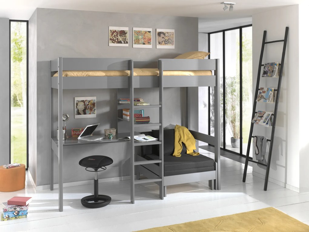 Cama alta de Criança PINO 90 x 200 cm + estrado + escada + secretária + 3 prateleiras + sofá-cama Cinzenta