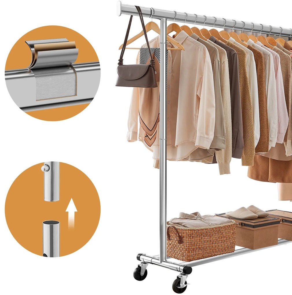 Guarda roupa 45 x (160-200) x 161,5 cm com rodas de cor prateada
